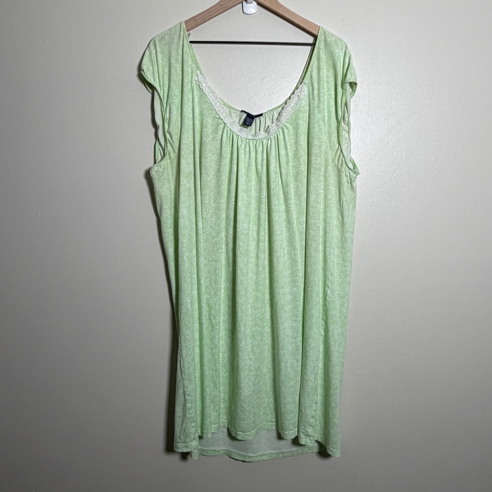 Chaps Womens Cotton Nightgown 2X Green Floral Lace Trim Sleeveless Scoop Neck